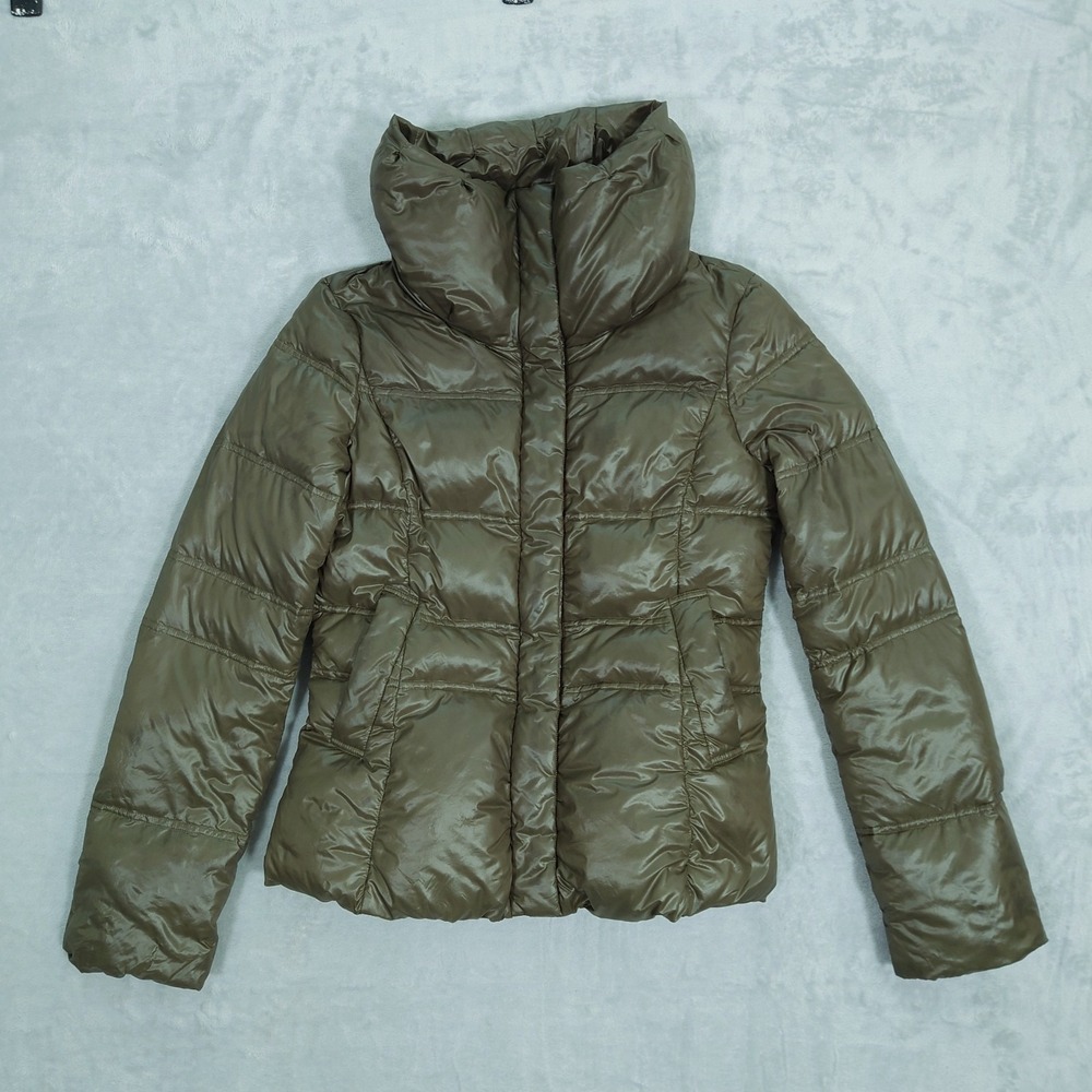 Coatology New York High Neck Down Puffer Jacket Women's 0 Fatigue Green Snap Zip